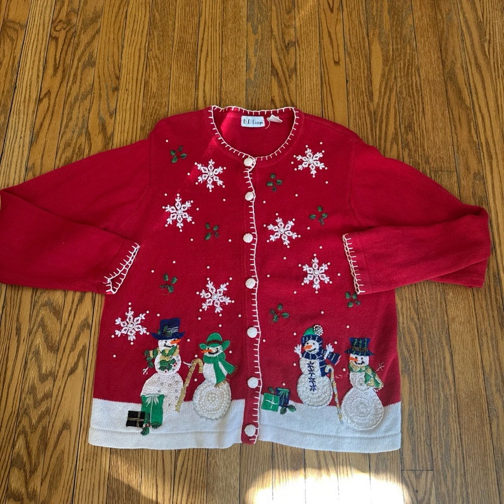 Vintage Ugly Holiday Sweater Red Snowman Christmas Cardigan Sparkle 80s 90s